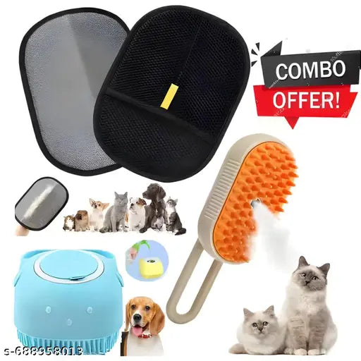 Pet Grooming Essentials 3-in-1 Pack for Dogs & Cats | Lint Remover Glove, Grooming Comb & Bath Brush | Safe Pet Care Kit